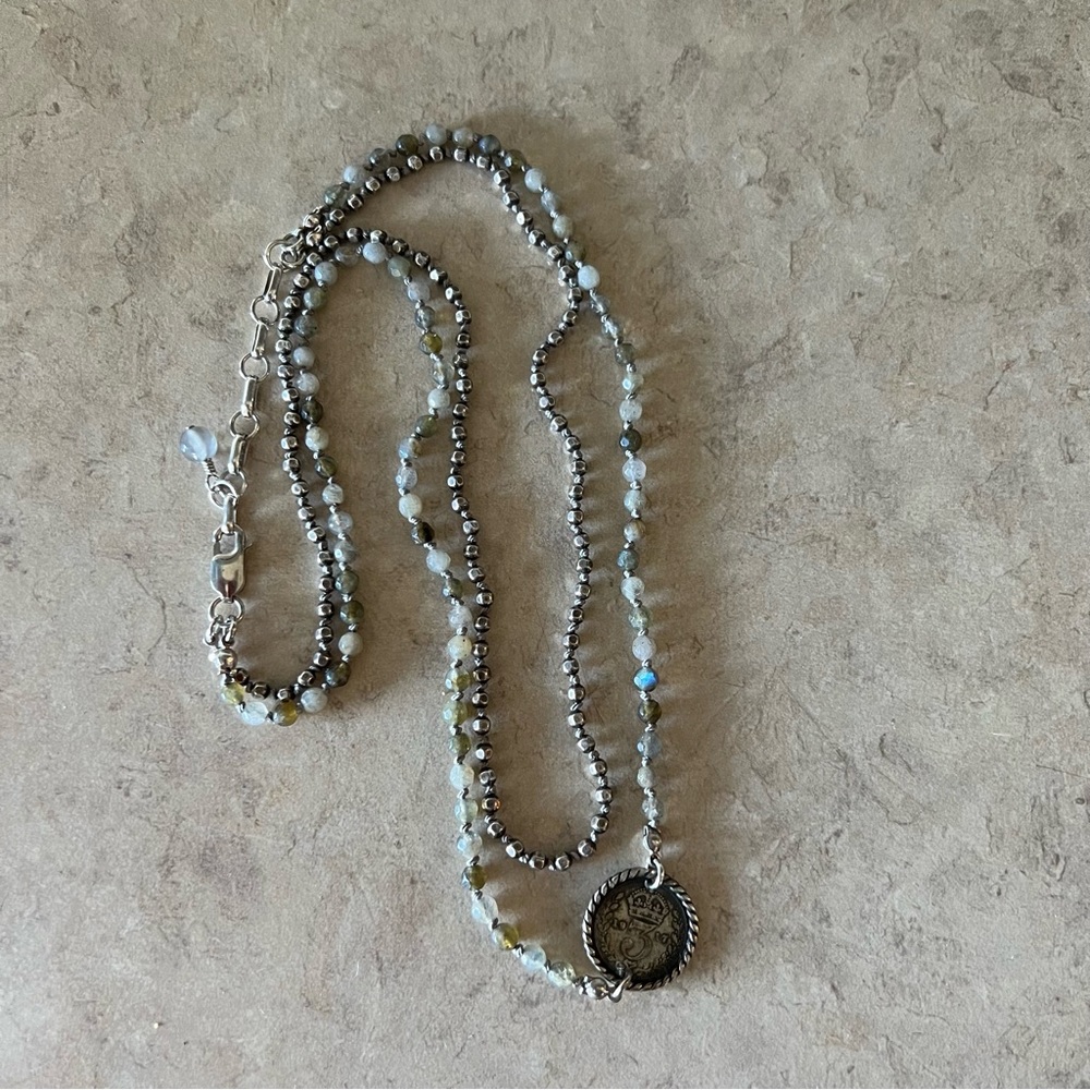 Shereen de Rousseau labradorite and pyrite coin necklace.